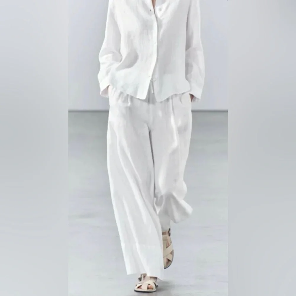 ZARA GORGEOUS LINEN WIDE PANTS LIGHT WEAR AS SEEN IN CROTCH Elegant White large